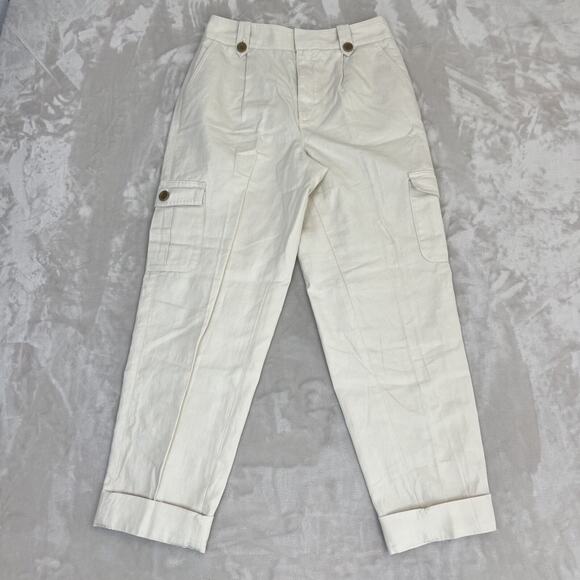 Converse Pants Womens 6 Ivory Linen Blend Cargo Hi Rise Utility Coastal Minimal - Picture 1 of 12